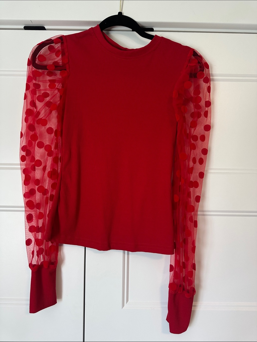 Red Puff-Sleeve Polka Dot Mesh Top